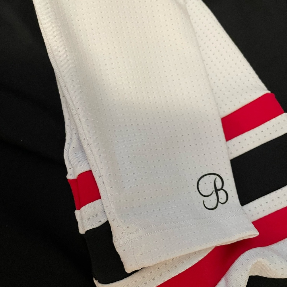 EUC bombshell sportswear Small S red white black thigh high sock leggings
